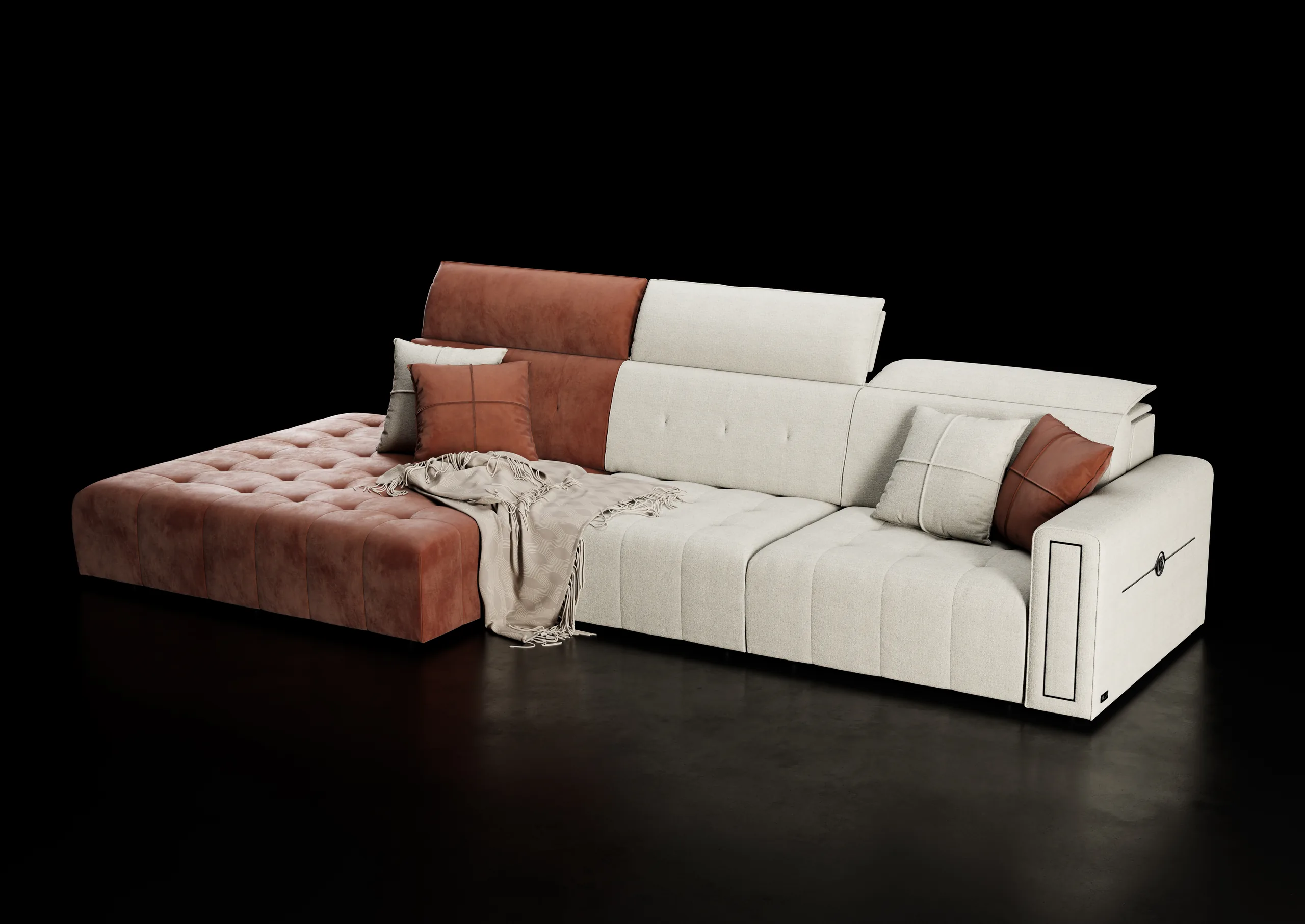 Divano modulare Manhattan Keoma Italia con sedute scorrevoli estensibili, chaise longue trapuntata terracotta, schienali reclinabili e rivestimento panna