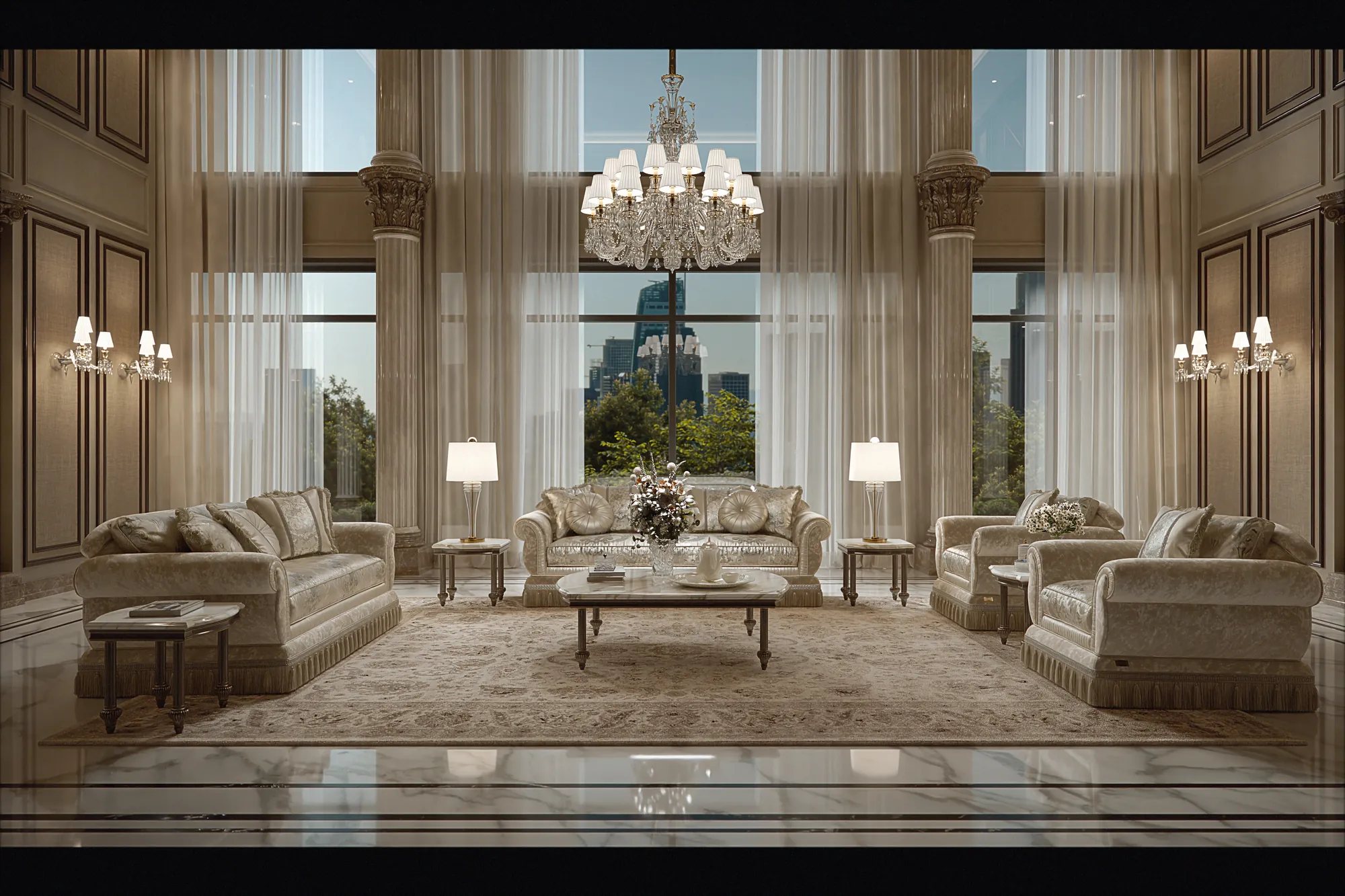 Salotto classico Luxor con divani e poltrone coordinate in tessuto beige, ambientato in un elegante living di lusso